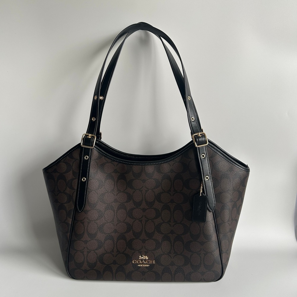 Coach Meadow Shoulder Tote Bag Brown Black Signature Canvas CM076